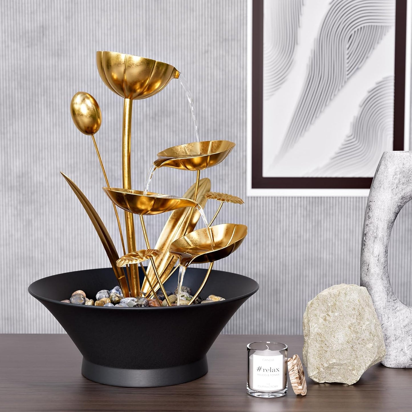 Tabletop Water Fountain, Indoor Waterfall Meditation Fountain with Golden Lotus Modeling & Natural Rocks, Home Decor for Office, Bedroom-VerdiqueGarden