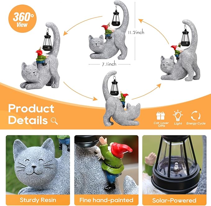 Cat Statue Garden Decor with Funny Gnome Figurine & Solar Lantern, Motherday Gifts for Mom,Birthday Gift for Women,Cat Statues for Garden,Patio,Yard Decoration, Gray, SR-C-003-VerdiqueGarden