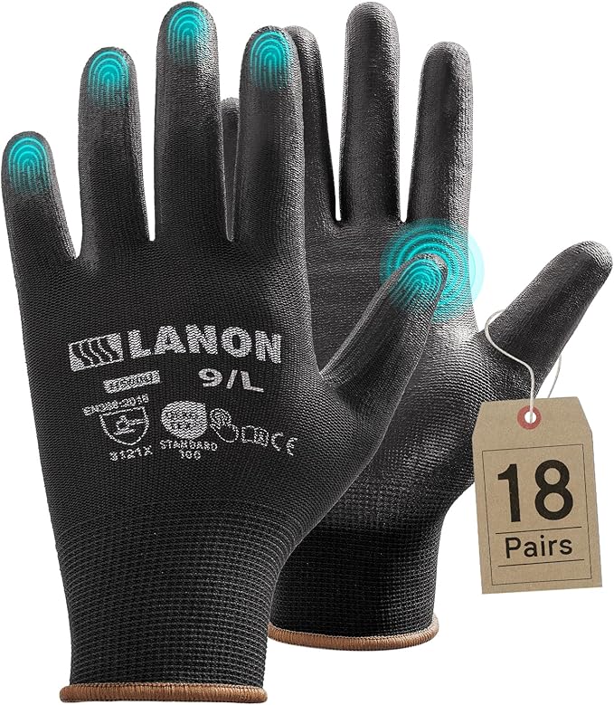 LANON Safety Work Gloves for Men and Women, 18 Pairs Mechanic Black Working Gloves with Grip Odorless PU Coated, Seamless Knit, Full Fingertip Touchscreen for Light Duty Working Gloves, Large-VerdiqueGarden