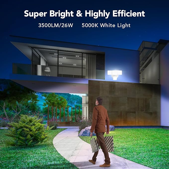 OREiN 3500LM/26W Flood Lights Outdoor, 240°/40FT Motion Sensor Outdoor Lights Dusk to Dawn Security Lights IP65 Waterproof 3 Modes for Outside 3500SQ.FT Front Door, Garage, White (Hardwired)-VerdiqueGarden