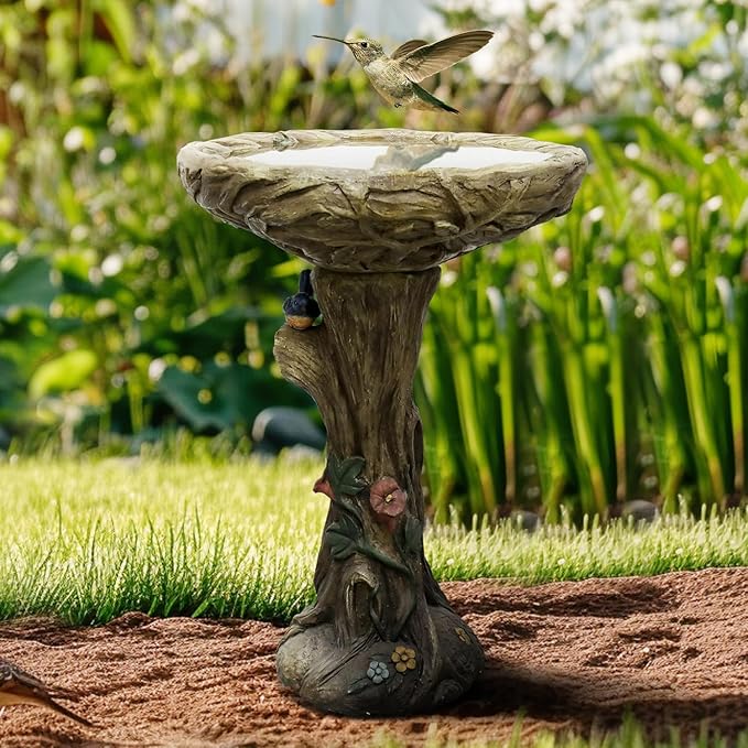SunJet 25.5 Inch Heigh Wood-Look Concrete Bird Bath with Decorative Faux Bird – birdbath Rustic & Long-Lasting Design, Enhances Garden, Patio, Yard, Lawn Décor-VerdiqueGarden