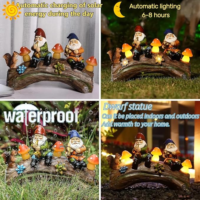 Funny Garden Gnome Statue Solar Powered Mushroom Figurine with Squirrel Gnome Durable Resin Outdoor Decoration for Patio Yard Lawn Ornament Housewarming Gift-VerdiqueGarden