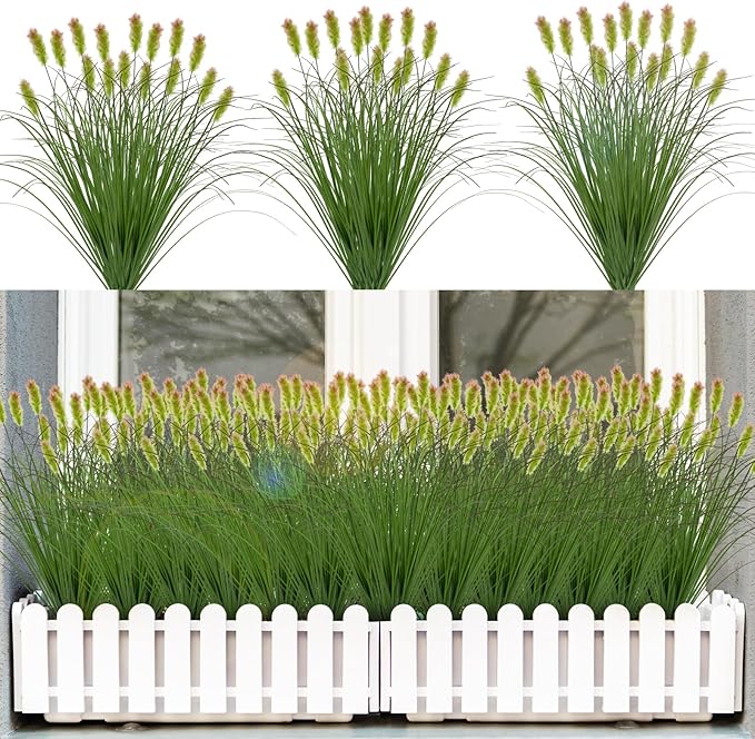 Artificial Grass Plants Outdoor 24 Bunches Fake Onion Grasses with Plush Fake Shrubs Plant Flowers Faux Greenery Wheat Sea Grass for Outside Garden Indoor House Home Office Room Décor (Green & Red）-VerdiqueGarden