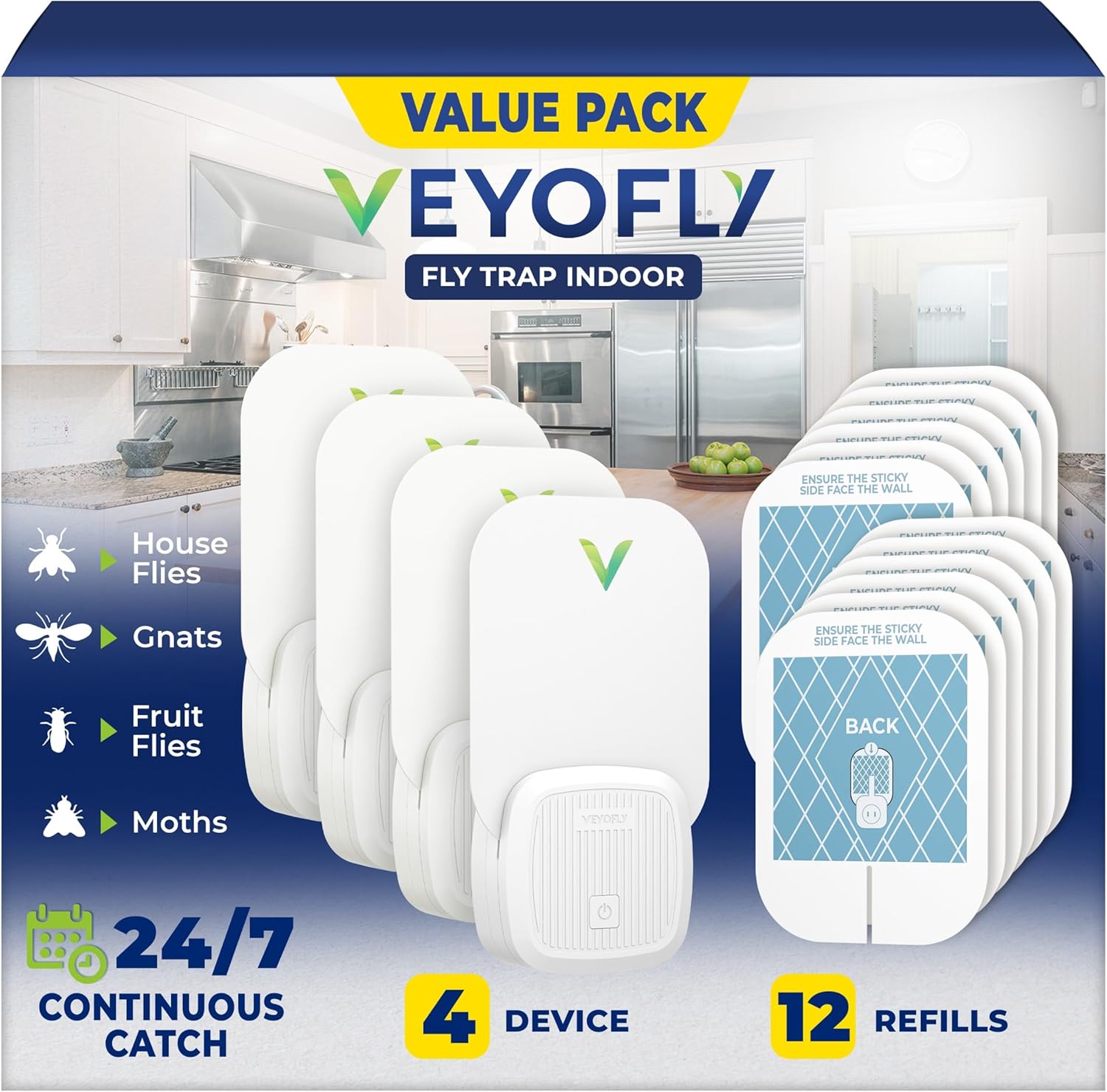 VEYOFLY Fly Trap Indoor, Fruit Fly Traps for Indoors, (4 Device + 12 Refills) Gnat Traps for House Indoor, Fly Catcher Indoor, Plug in Light Flying Insect Trap, Bug Light Killer, Fly Trap-VerdiqueGarden