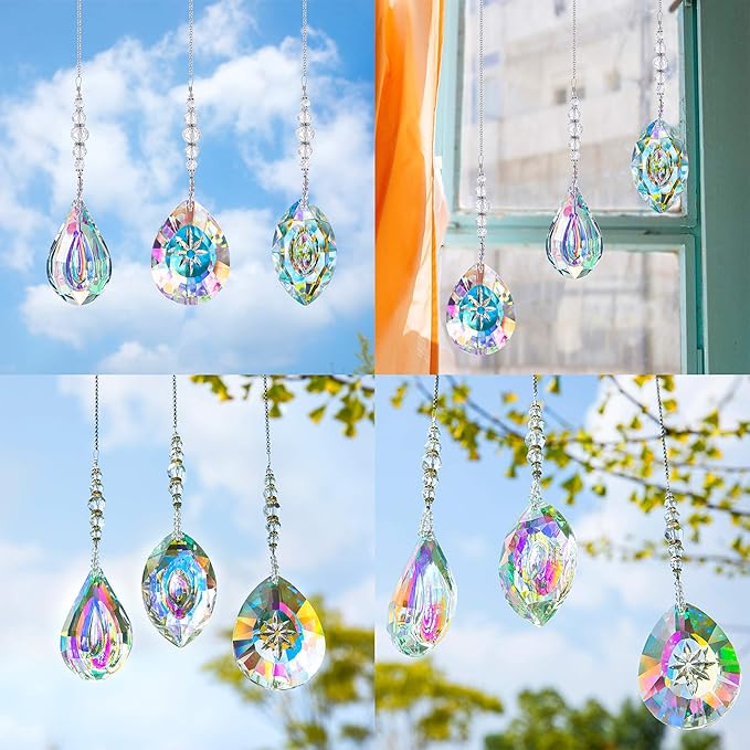 HDCRYSTALGIFTS Pack of 3 Crystal Suncatchers,AB Colored Sun Catchers with Crystals for Window Hanging Rainbow Maker Prisms Suncatchers Indoor Outdoor Decorations Ornaments-VerdiqueGarden