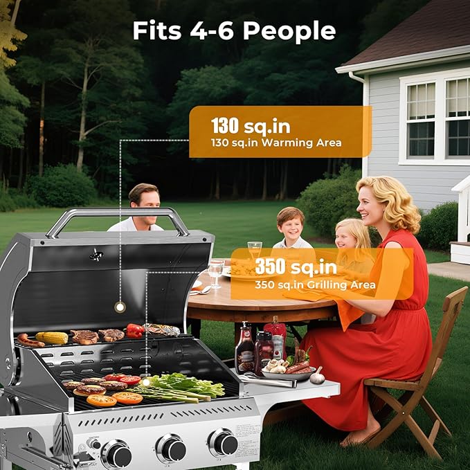 R.W.FLAME Stainless Steel Propane Gas Grill, 3 Burner 24000BTU BBQ Grills, Foldable Side Table, Enamel Wire Grate, Removable Grease Tray, Barbecue Grill for Outdoor Cooking, Backyard, Patio, Deck-VerdiqueGarden