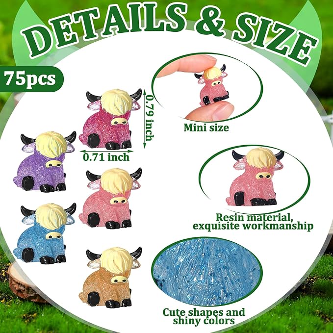 75 Pcs Mini Highland Cow Figurines Bulk Glitter Highland Cow Statues Mini Resin Animals Cute Tiny Resin Figures Animals Sculpture Ornament for Cake Topper Home Office Desk Decorations-VerdiqueGarden