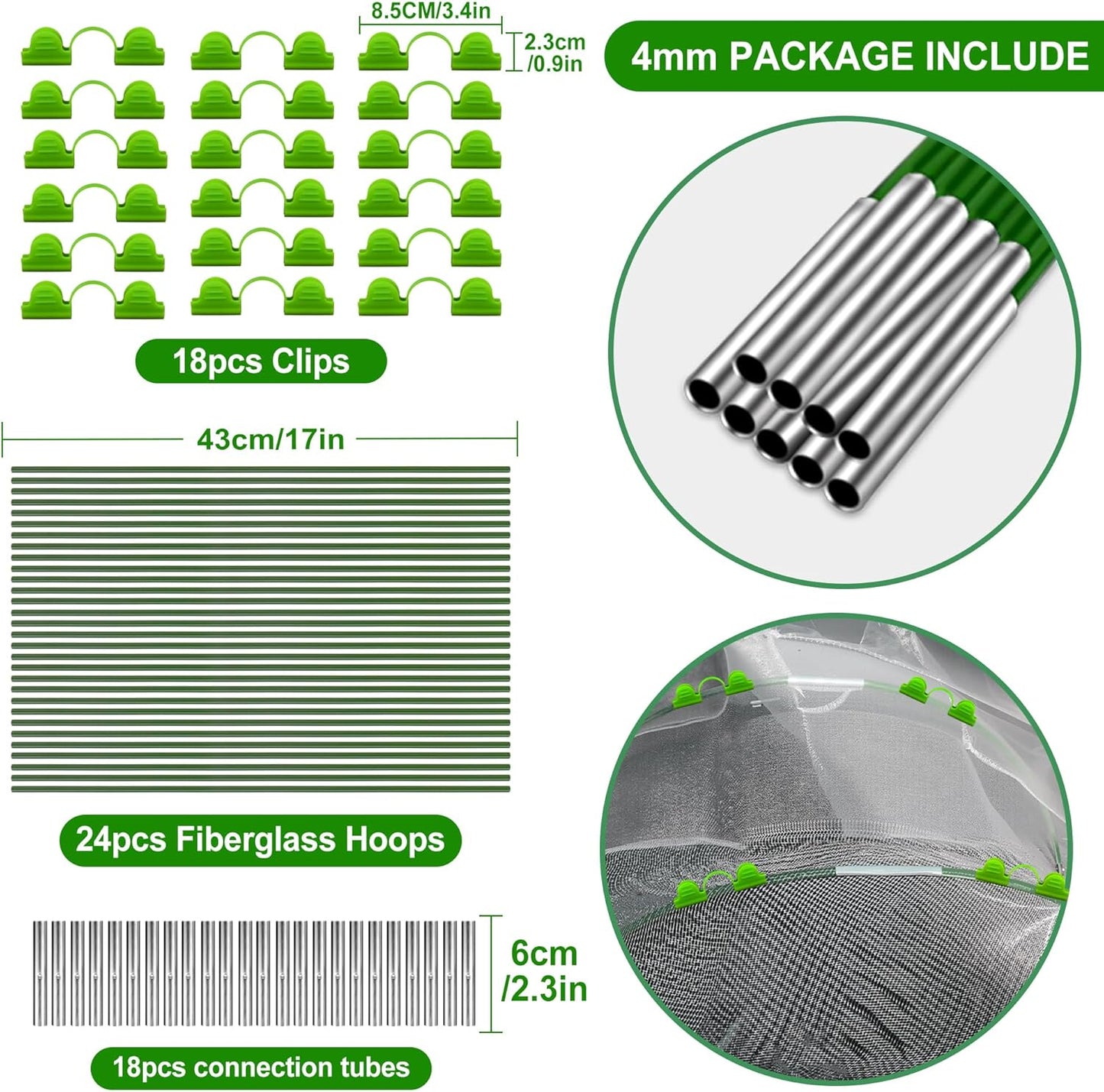 FOTMISHU Garden Hoops for Raised Beds Row Cover,6 Sets 5.6ft Grow Tunnel,Rust-Free Fiberglass Greenhouse Support Hoops Frame for Garden Mesh Netting, Outdoors Plant Growth -24PCS-VerdiqueGarden