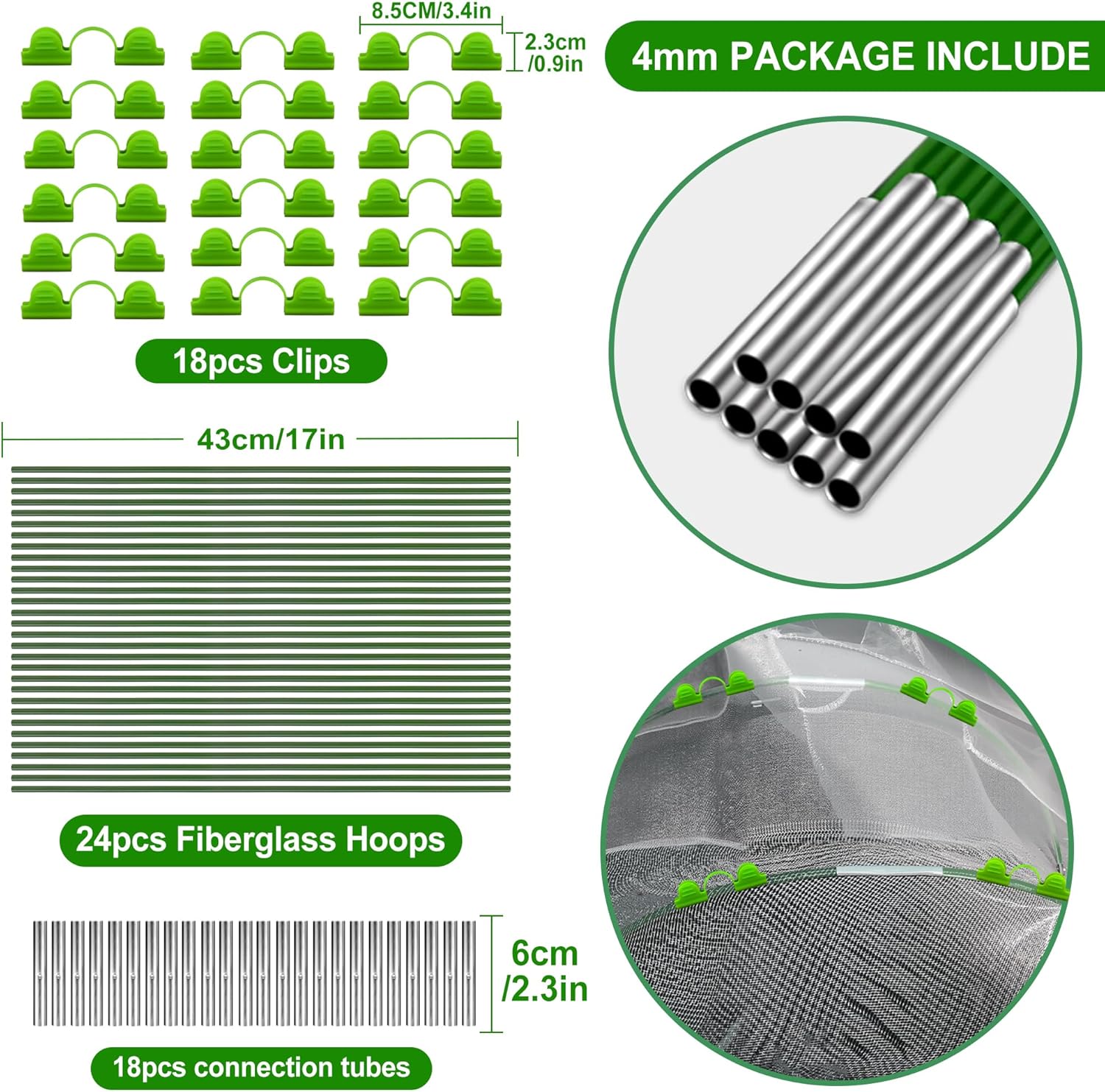 FOTMISHU Garden Hoops for Raised Beds Row Cover,6 Sets 5.6ft Grow Tunnel,Rust-Free Fiberglass Greenhouse Support Hoops Frame for Garden Mesh Netting, Outdoors Plant Growth -24PCS-VerdiqueGarden