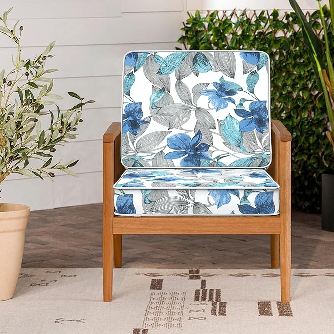 LVTXIII Patio Chair Cushions 22"x22"x3", Water-Repellent Outdoor Seat Cushions for Patio Furniture, Square Chair Pads with Ties for Home Garden Decoration, Set of 2, Clemens Noir Blue-VerdiqueGarden