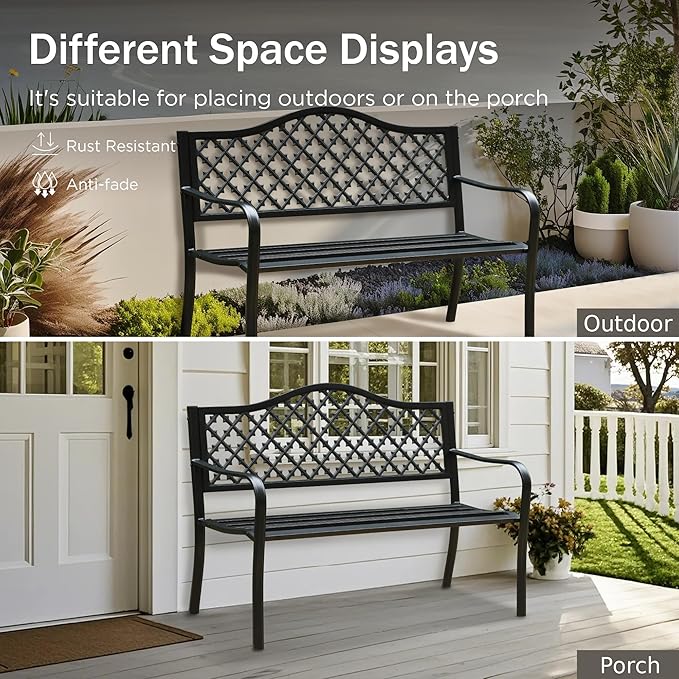 PHI VILLA 50" Outdoor Garden Patio Metal Bench for Outdoors with Plastic Backrest Armrests Sturdy Steel Frame, Black-VerdiqueGarden