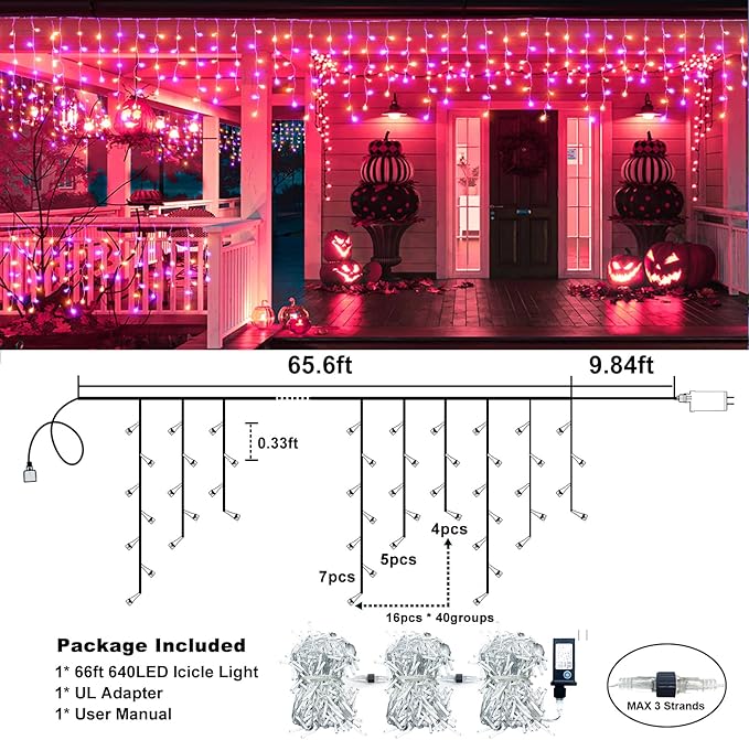 Christmas Icicle Lights Outdoor, 66ft 640 LED Icicle Lights for Outside with 8 Modes Timers, Waterproof Plug in Twinkle String Light for House Eave Patio Party Holiday Decorations, Purple Orange-VerdiqueGarden