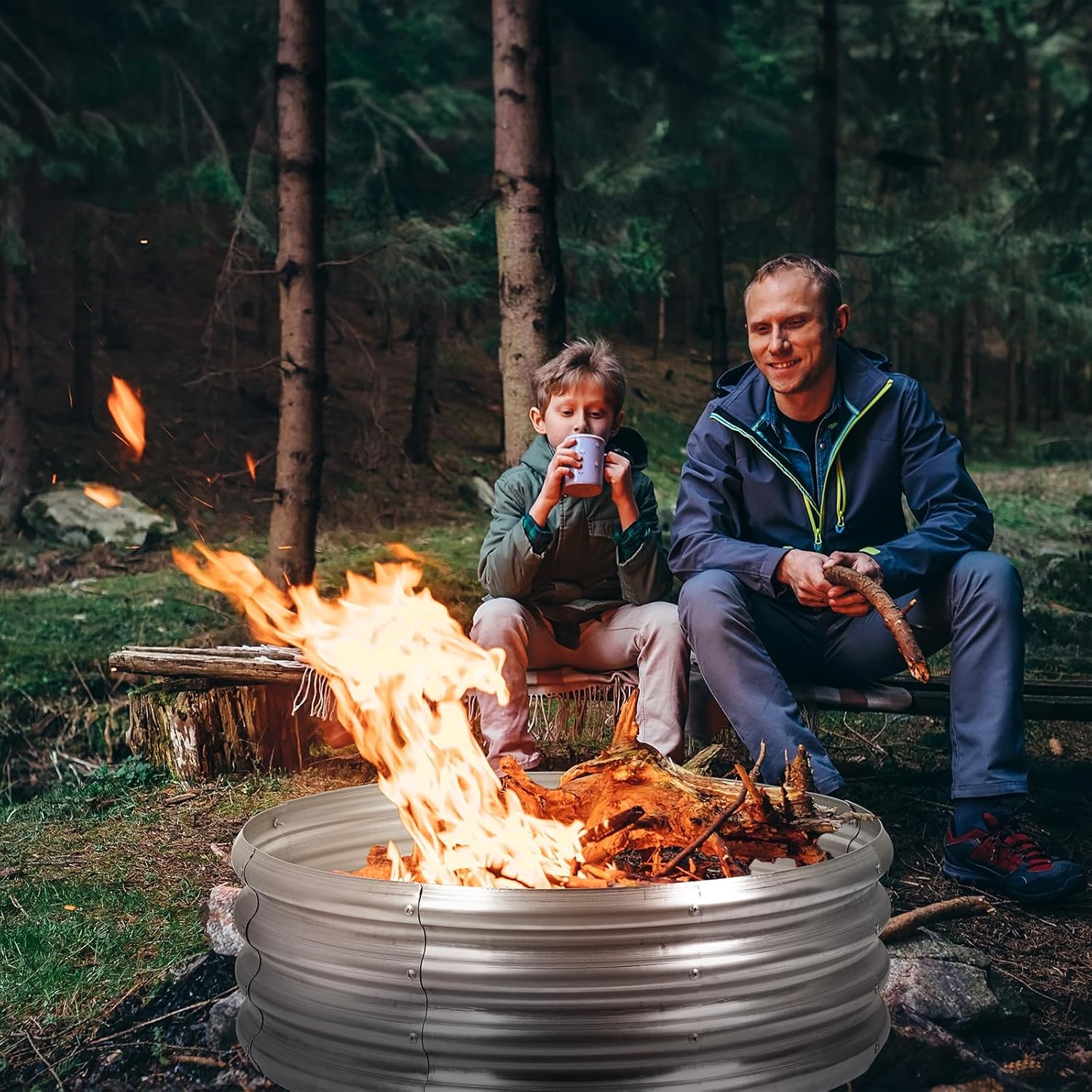 OUSHENG Galvanized Fire Pit Ring for Outside Wood Burning, Metal Firepit Liner for Above Ground Outdoor Camping Beach Backyard Park-VerdiqueGarden