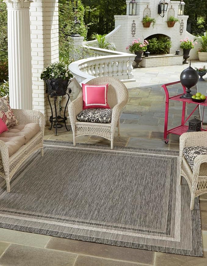 Unique Loom Outdoor Border Collection Area Rug - Soft Border (6' 1" Square Black/Ivory)-VerdiqueGarden