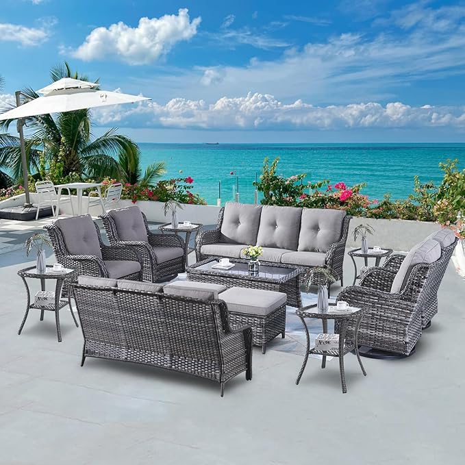 Wicker Patio Furniture Sets - 13 Piece Outdoor Rattan Furniture Conversation Sets with 4 Swivel Rocker Chairs, 2 Rattan Sofas, Wicker Ottomans and Coffee Table, Mixed Grey/Grey-VerdiqueGarden