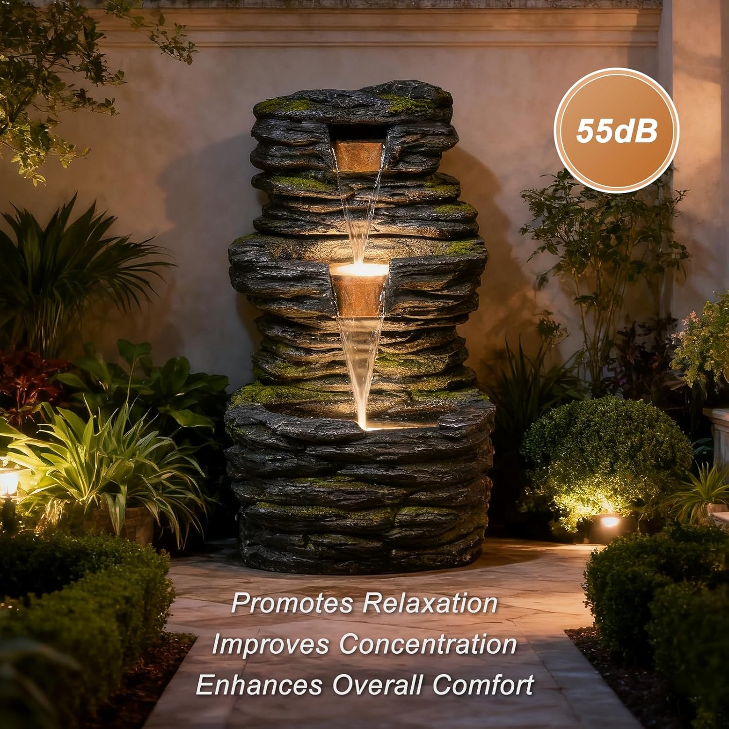 28.8” Tall Rock Water Fountain Outdoor Garden, 3-Tiers Cascading Rock Natural Waterfall Fountains with LED Lights, Indoor Resin Water Feature Fountain for Patio, Garden and Backyard, Deck, Porch, Home-VerdiqueGarden