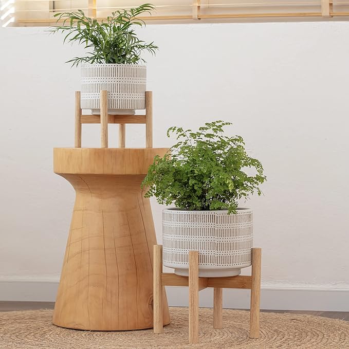LA JOLIE MUSE Ceramic Plant Pot with Wood Stand - 7.3 Inch Modern Round Decorative Flower Pot Indoor with Wood Planter Holder, Beige and White-VerdiqueGarden