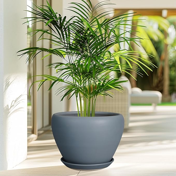 10 Inch Plant Pot - Ceramic Planter for Indoor Plants Large Plant Pot with Drainage Hole and Saucer Round Outdoor Planter Modern Flower Pot for Home Decor Gray-VerdiqueGarden