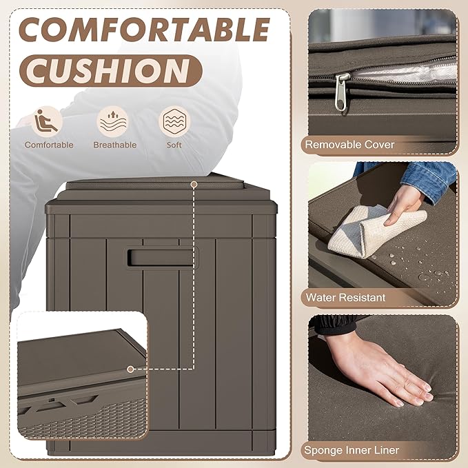 Devoko 100 Gallon Deck Box, Waterproof Resin Outdoor Storage Box with Cushion for Outside, Large Outdoor Storage Bench Cabinet Lockable for Patio Furniture and Garden Tools (Brown)-VerdiqueGarden