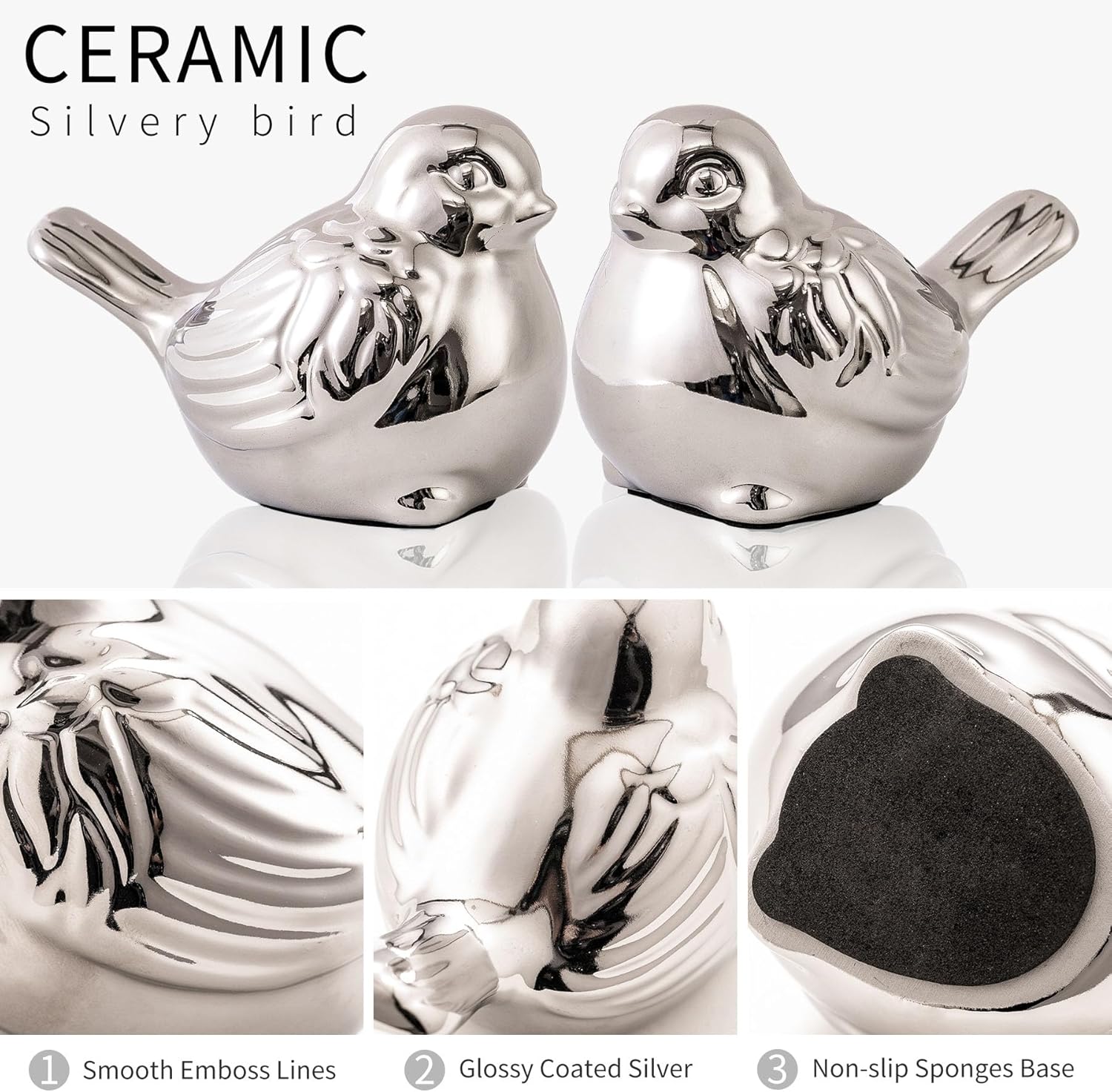Set of 2 Small Birds Statues Silver Home Decor Modern Boho Style Figurine Decorative Ornaments for Living Room, Bedroom, Office Desktop, Cabinets, Shelf-VerdiqueGarden