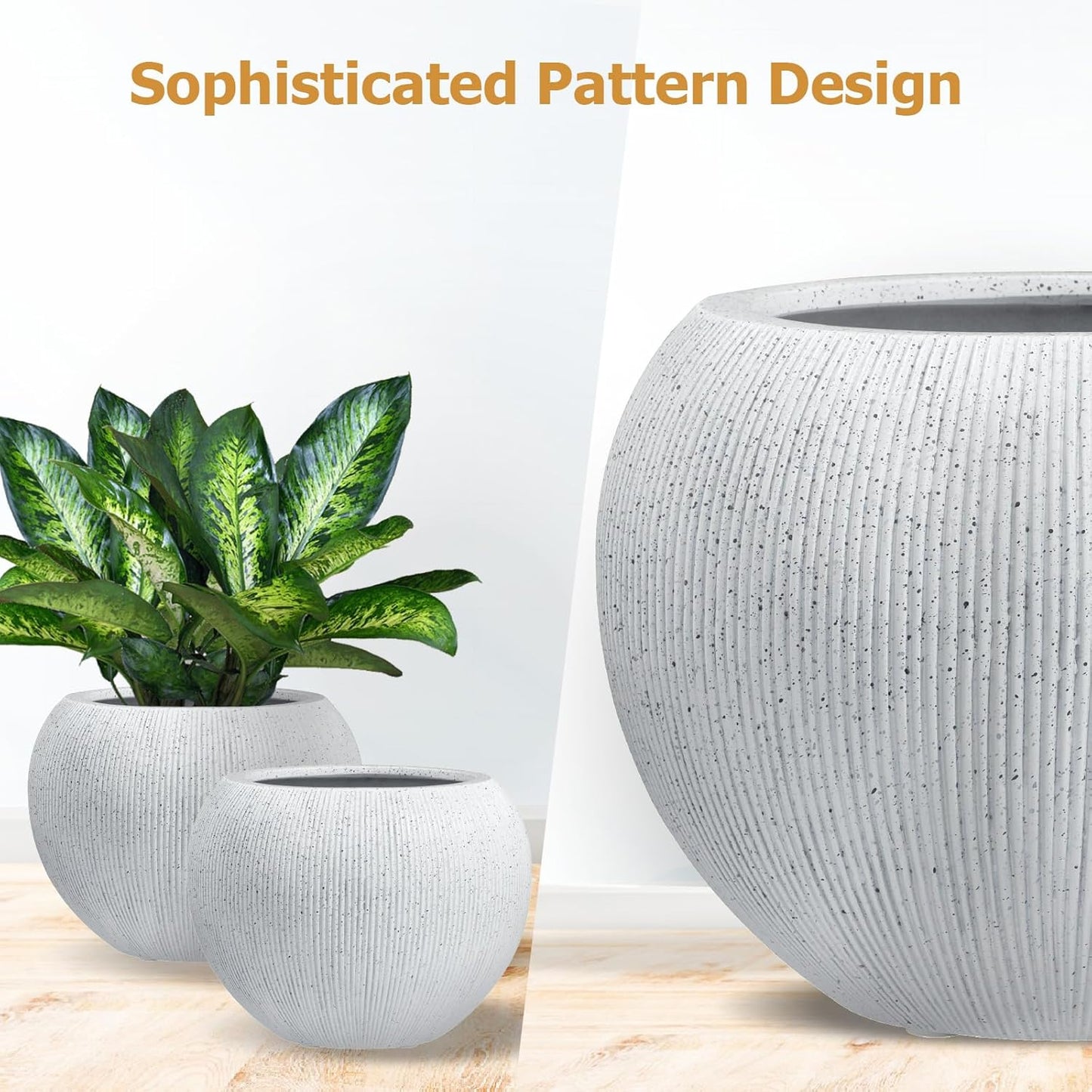 9.7" H x 12" D Globo Fiberstone Round Planter with Drainage Hole, Weather Resistant, Ribbed Finish, Planters for Indoor Plants & Outdoor, Extra Coco Mats (Speckled White, 7.8" Pot Opening)-VerdiqueGarden