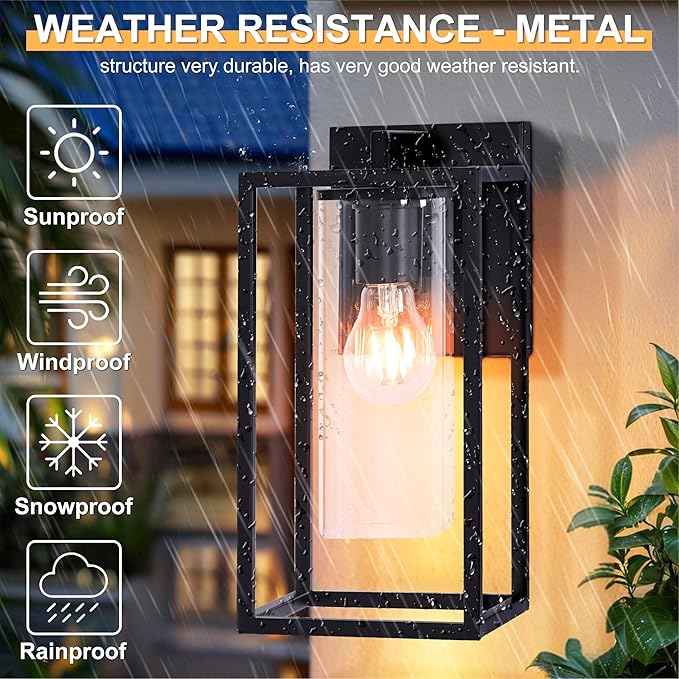 Pia Ricco Outdoor Wall Lights, Black Outdoor Wall Lantern with Square Clear Glass Shade, Waterproof Exterior Lighting Fixtures, Modern Front Porch Lighting for House, Garage, E26 Base, ETL Listed-VerdiqueGarden