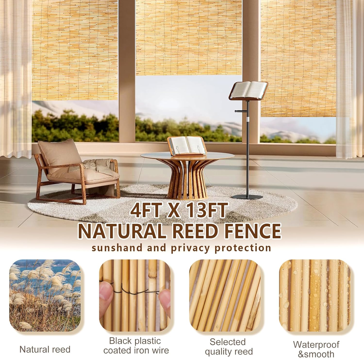 Natural Reed Fencing, Reed Screen Curtain Eco-Friendly for Garden,Balcony,Outdoor,Backyard Patio Decors Fence Rolls-4FT x 13FT （1.2m x 4m Approx）-VerdiqueGarden