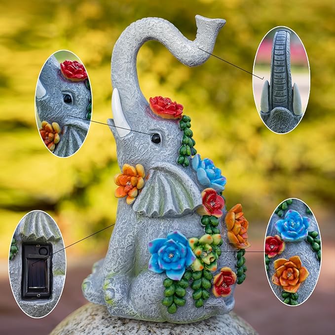 Elephant Garden Statue Solar Lamp with 8 Led Lights Decor Outdoor Resin Waterproof Sculpture Patio Lawn Yard Porch Decorations Housewarming Gifts for Women Mom Grandma-VerdiqueGarden