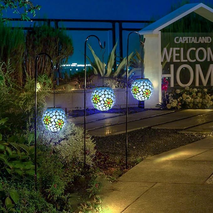 VCUTEKA Solar Lanterns Outdoor Waterproof - Hanging Solar Lights Garden LED Lanterns Mosaic Glass Design for Landscape Patio Yard Garden Pathway Decoration-VerdiqueGarden