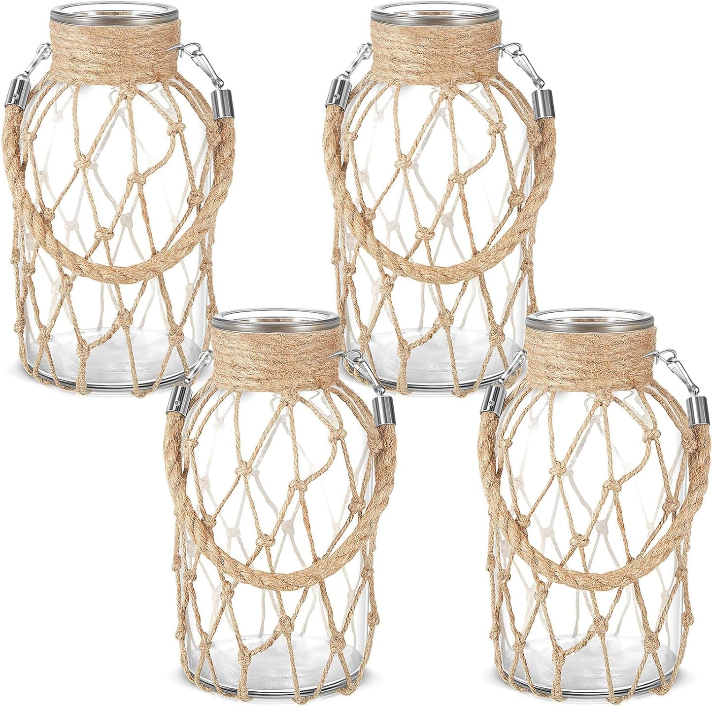 Set of 4 Rope Net Dry Flower Glass Vase 7.9 x 4 Inches Wicker Farmhouse Vase Coastal Decor for Wedding Tables Home Rustic Hanging Mason Jar Rope Wrapping Decorative Bottles Nautical Decor-VerdiqueGarden