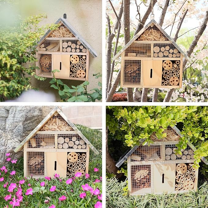 antiai Wooden Mason Insect Bee Butterfly House,Insect Hotel,an Outdoor Hanging Bamboo Habitat for Ladybugs Live,Bee Box,Butterfly Habitat for Garden,12.4 x 12 x 3.9 Inch-VerdiqueGarden