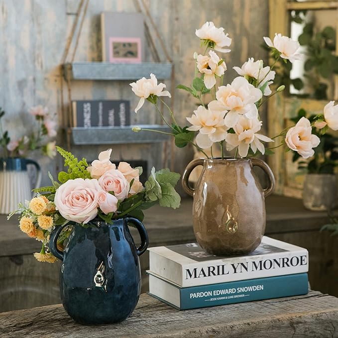 Brown Ceramic Vase with 2 Handles, Modern Farmhouse Decor, Rustic Terracotta Pottery, Decorative Flower Vases, Clay Small Vase, Centerpiece for Dining Table - 7 Inch Tall-VerdiqueGarden