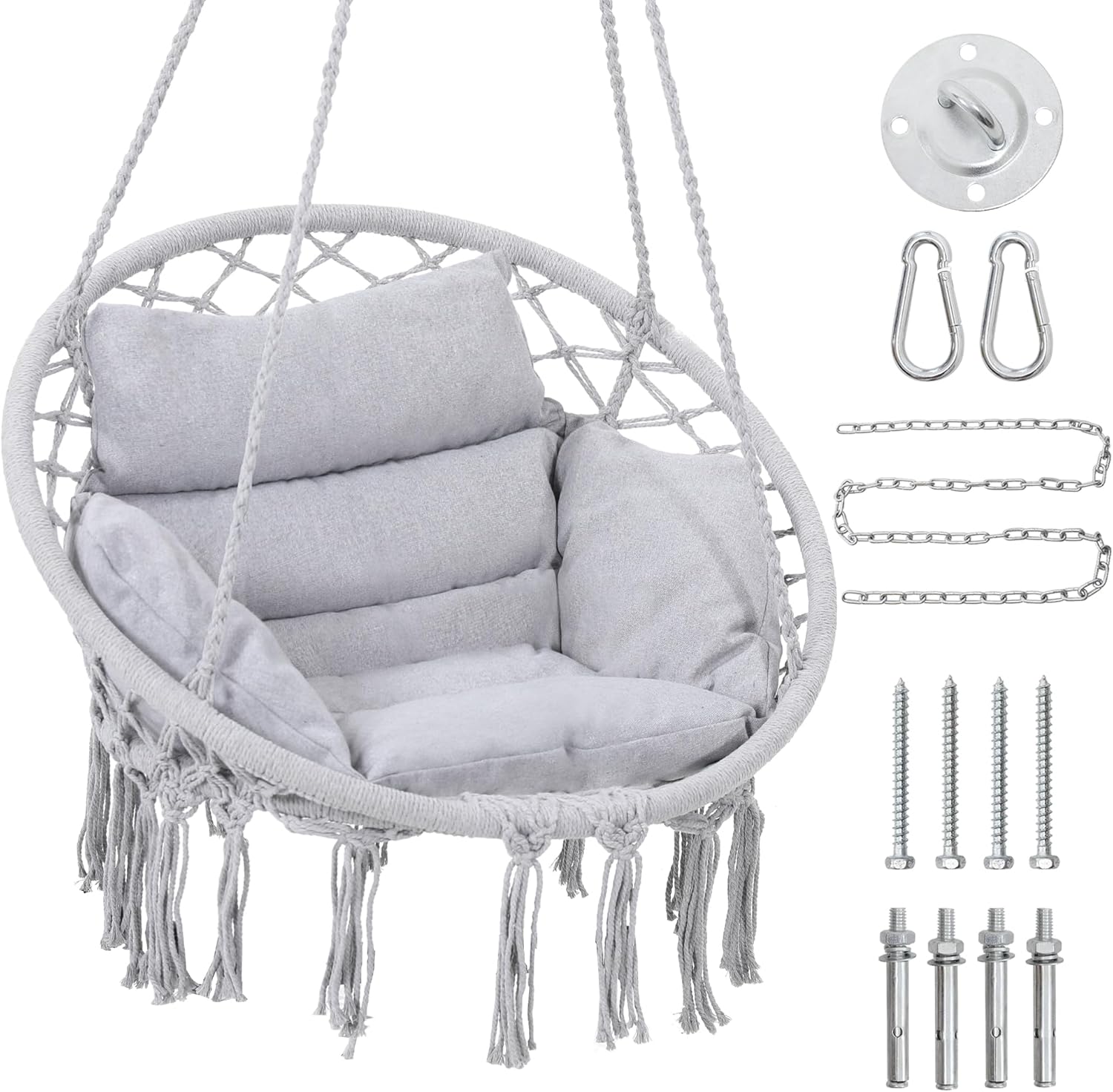 Macrame Hammock Hanging Swinging Chair with Medium Cushion, Perfect for Bedroom, Porch, Adults, Balcony, Grey-VerdiqueGarden