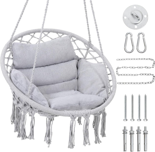 Macrame Hammock Hanging Swinging Chair with Medium Cushion, Perfect for Bedroom, Porch, Adults, Balcony, Grey-VerdiqueGarden