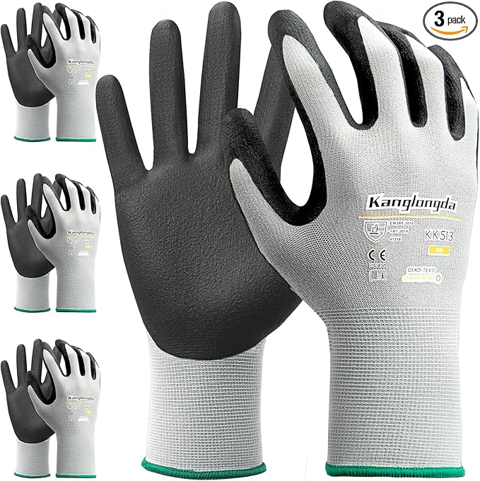 3-Paris Medium Work Gloves for Men and Women, Nitrile Coated Safety Protective Gloves with Grip, Ideal for Gardening, Warehouse, Mechanic, Light Duty Construction Work-VerdiqueGarden