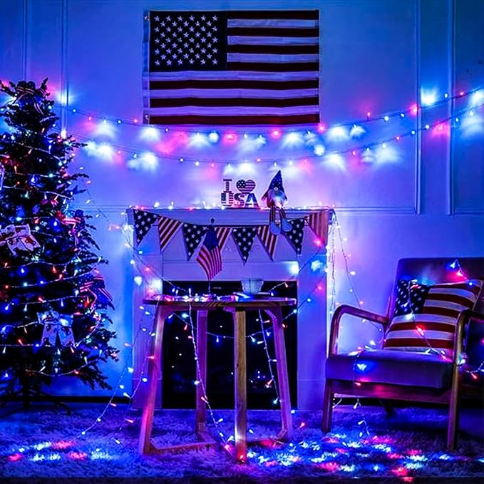 EEW 2pk Red White and Blue Solar String Lights Outdoor Waterproof, Solar Powered LED Patriotic Lights 200 LED, Solar Tree Lights for Independence Day Decor 4th of July Memorial Day Decorations-VerdiqueGarden