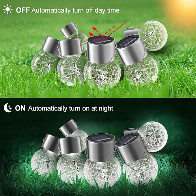 Solar Lights Outdoor Hanging Decorative Globe 8 Pack, Waterproof Solar Lantern with Handle and Clip, Solar Powered Glass Ball Lights for Garden Yard Fence Tree Umbrella Holiday Décor, Cold White-VerdiqueGarden