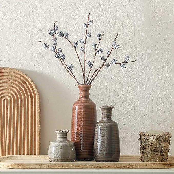 Ceramic Vases Set of 3, Neutral Rustic Farmhouse Vases Home Decor Decorative Flower Vase Modern Boho Pampass Vase for Table Mantel Entryway Shelf Living Room Kitchen Bathroom - Brown-VerdiqueGarden