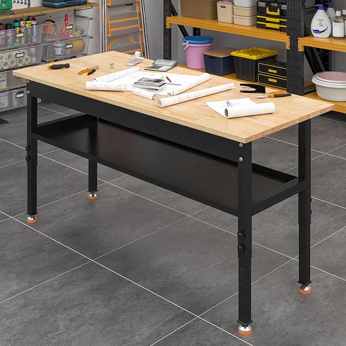48"/60'' Adjustable Workbench, Rubber Wood Work Bench Heavy-Duty with Partition,2000 LBS Load Capacity Hardwood Work Table for Garage, Workshop, Home, Office, Easy Assembly (w/partition,48'')-VerdiqueGarden