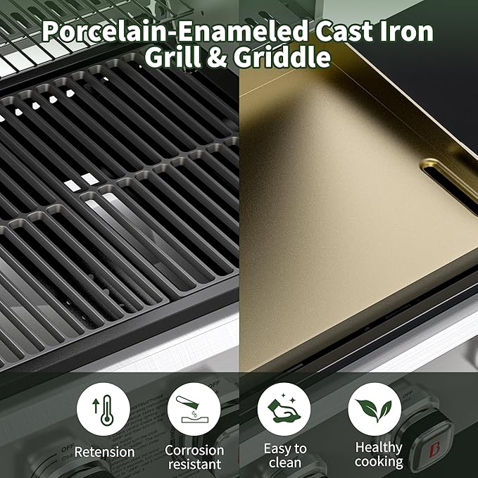 Brand-Man Griddle Grill Combo 6-Burner, 2 in 1 Versatile Propane Gas Grill and Griddle with Double Stainless Steel Lids, BBQ Combo for Outdoor Kitchen & Backyard Barbecue Cooking-VerdiqueGarden