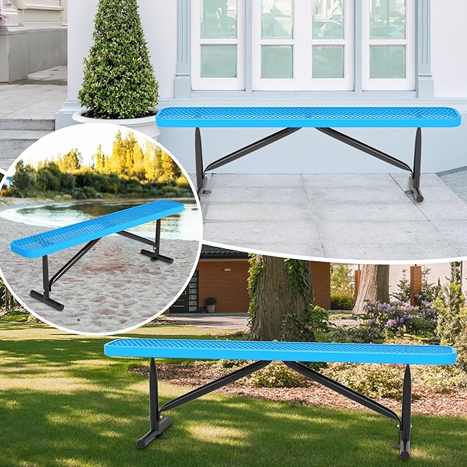 48" L Outdoor Steel Flat Bench, Heavy Duty Metal Park Bench for Outside, Expanded Metal, Commercial Benches Mesh Bench for Shopping Mall, Store, Lawn, Park, Patio, Deck, Garden (Blue, 6FT)-VerdiqueGarden