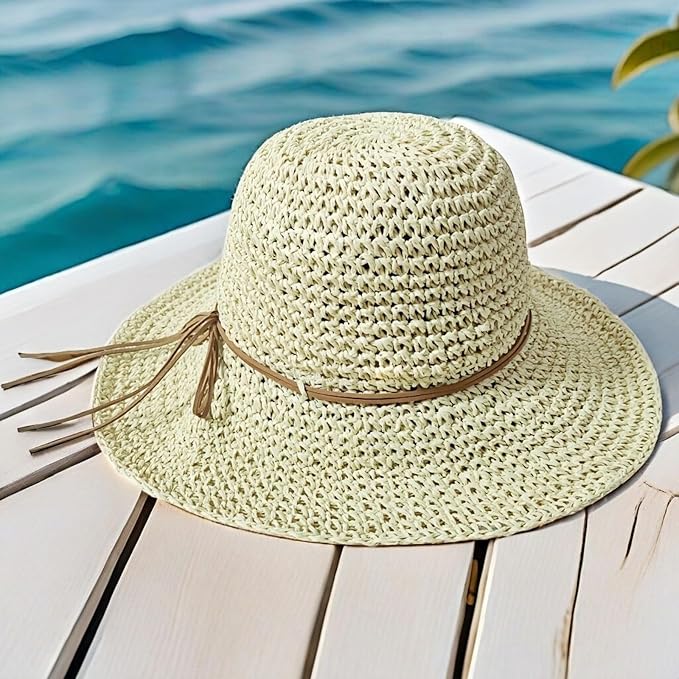 Womens Straw Beach Sun Hats, Foldable Packable Floppy Handmade Crochet Hats for Women,Large Summer Vacation Wide Brim Hat-VerdiqueGarden