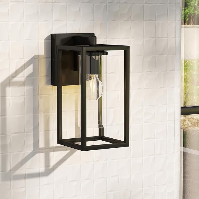Pia Ricco Outdoor Wall Lights, Outdoor Wall Lantern with Circular Clear Glass Shade, Waterproof Exterior Lighting Fixtures, Modern Front Porch Lighting for House, Garage, E26 Base, ETL Listed, Black-VerdiqueGarden