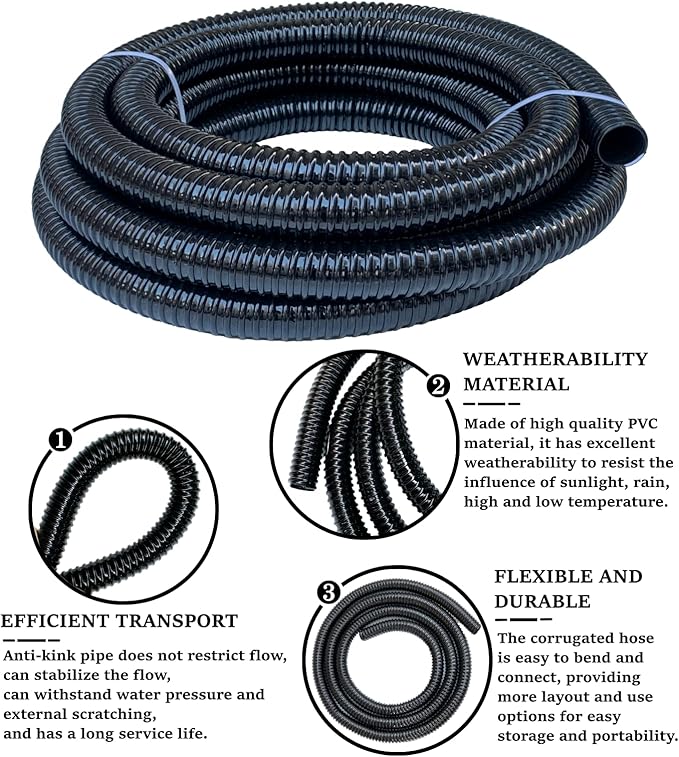 1 1/2 Inch Pond Sump Pump Discharge Hose Corrugated Water Hose Black PVC Strong Flexible Tubing 10Ft-VerdiqueGarden