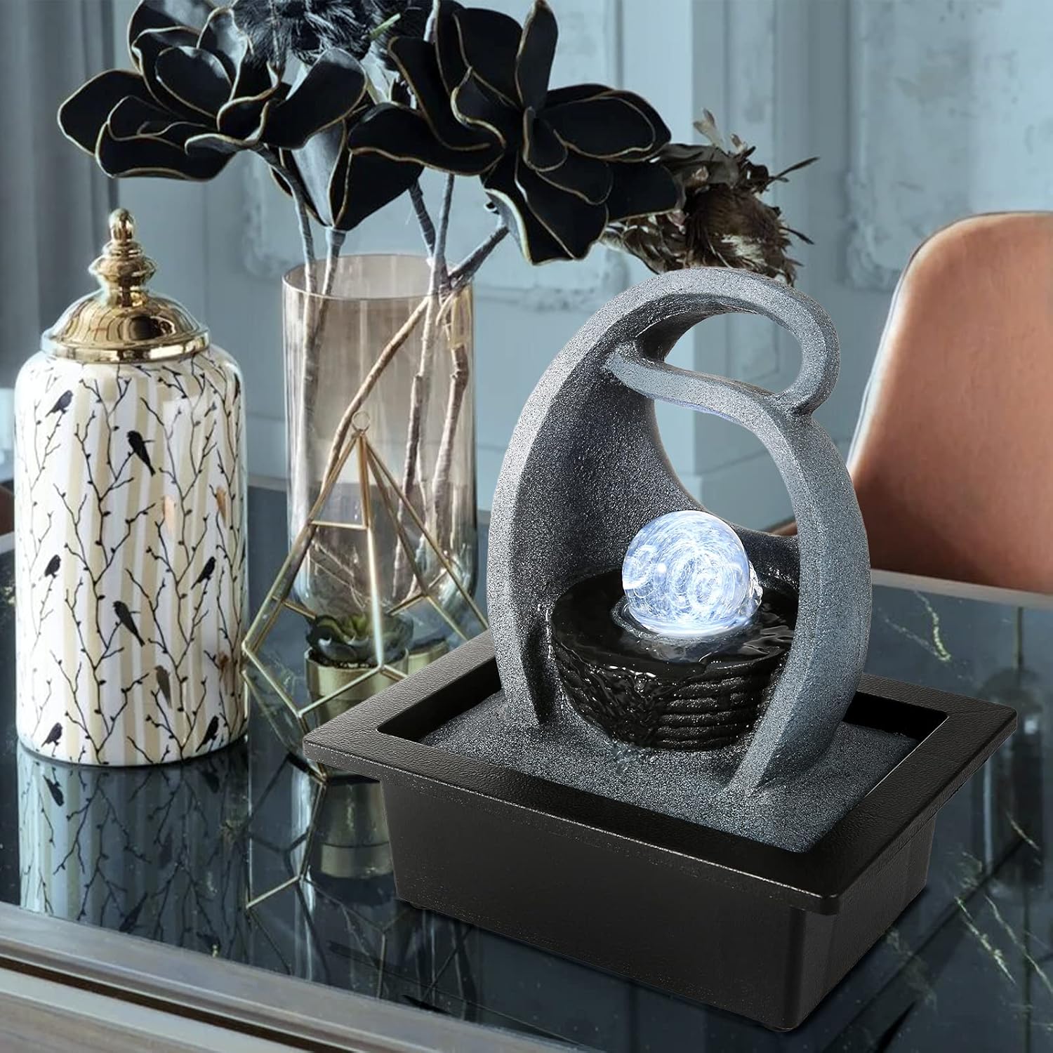 WICHEMI Water Fountains Indoor Waterfall Fountain Tabletop Fountain with LED Rolling Ball Water Feature Indoor Zen Meditation for Home and Office Indoor Spaces Decor (Style 18)-VerdiqueGarden