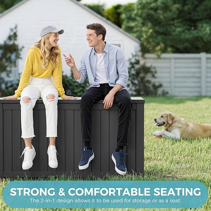 KAMABOKO Outdoor Storage Box, 150 Gallon Large Outdoor Resin Deck Box, Storage Waterproof Boxes Lockable Lid for Garden Tools, Pool Supplies, Patio Furniture and Cushions, Black-VerdiqueGarden