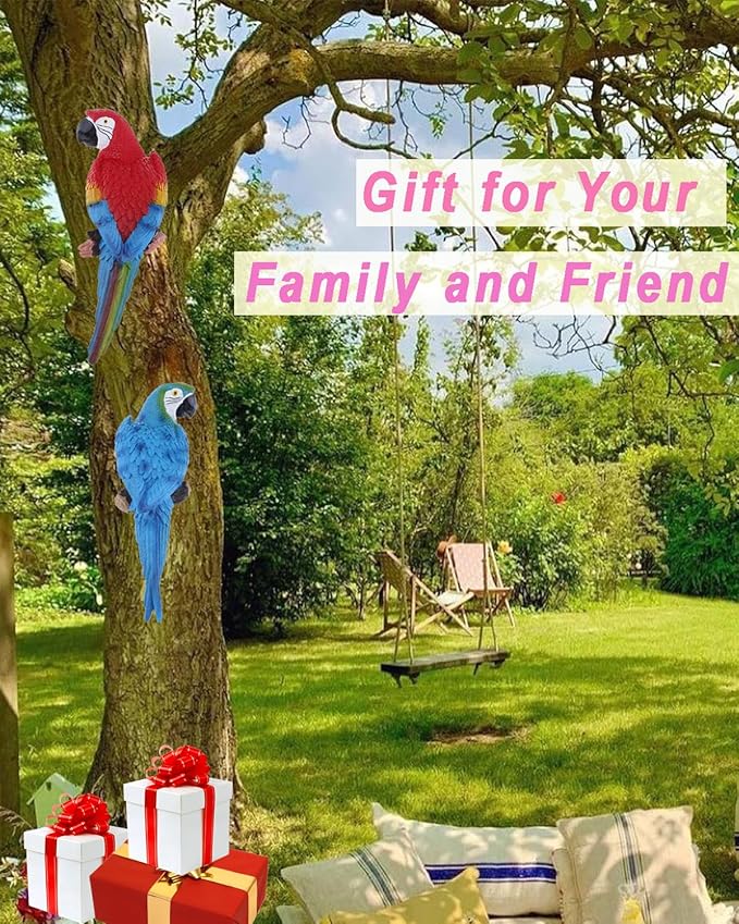 2Pcs Large Resin Parrot Decor Statues Lifelike Hawaiian Tropical Birds Decor, 12.5" Fake Parrot for Tiki Decoration Outdoor Garden Tree Wall Pool Macaw Statues Bird Lover Ornament Gifts(Blue and Red)-VerdiqueGarden