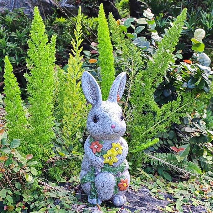 Solar Easter Rabbit Statue - Rock-Like Design with Flower Lamp Beads Woman Gifts Resin Easter Bunny Sculpture for Indoor and Outdoor Statue Decor, Garden Decoration-VerdiqueGarden
