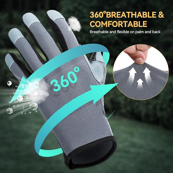 OZERO Women Leather Work Gloves: Touch Screen | Deerskin Garden Gloves with Grip | Ideal for Yard Work, Daily Tasks, Driving-VerdiqueGarden