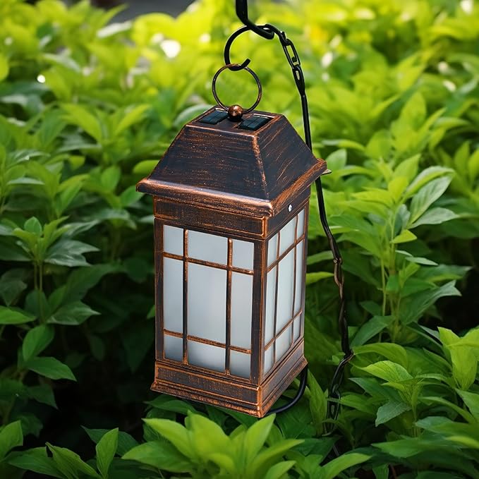 14" Solar Lantern Outdoor Waterproof, Glass Flickering Flame Solar Lanterns, Hanging Metal Lantern Decorative for Patio Front Porch Garden Backyard Tabletop Party Decoration-VerdiqueGarden